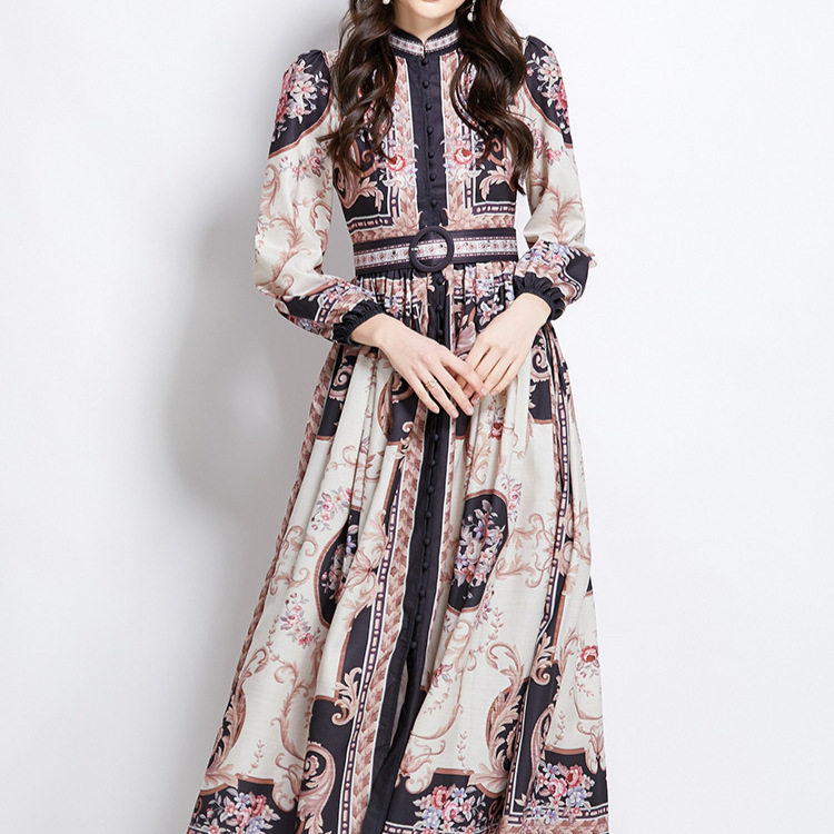 Vintage Lantern Sleeve Waist Defined Button Down Floral Maxi Dress Elegant Slim Fit Chic Style Perfect for Parties