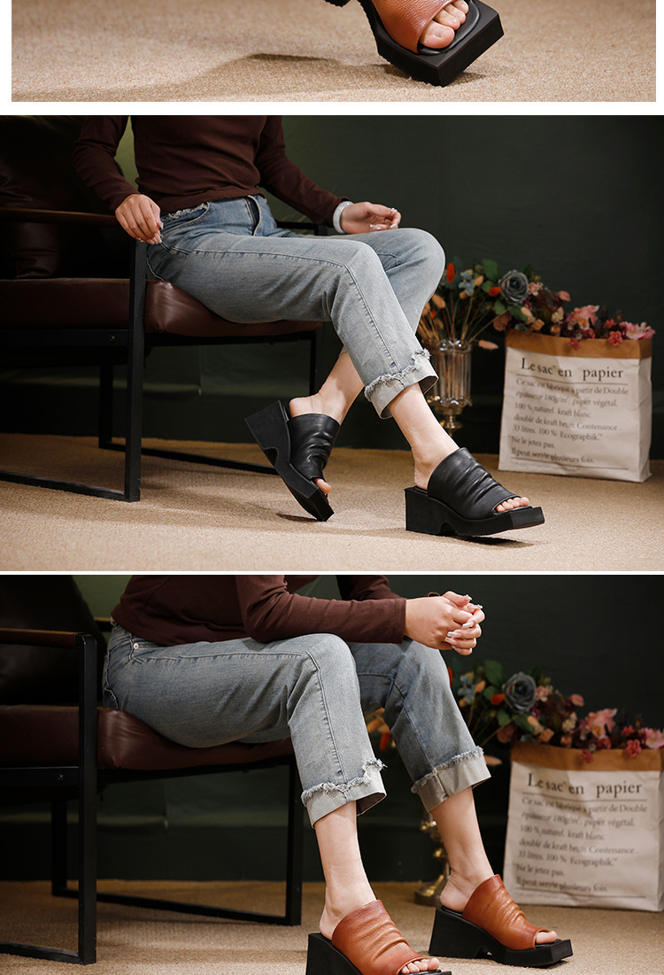 Dép sandal nữ quai ngang da bò thật mũi vuông đế EVA êm chân phong cách retro — màu đen, Màu nâu