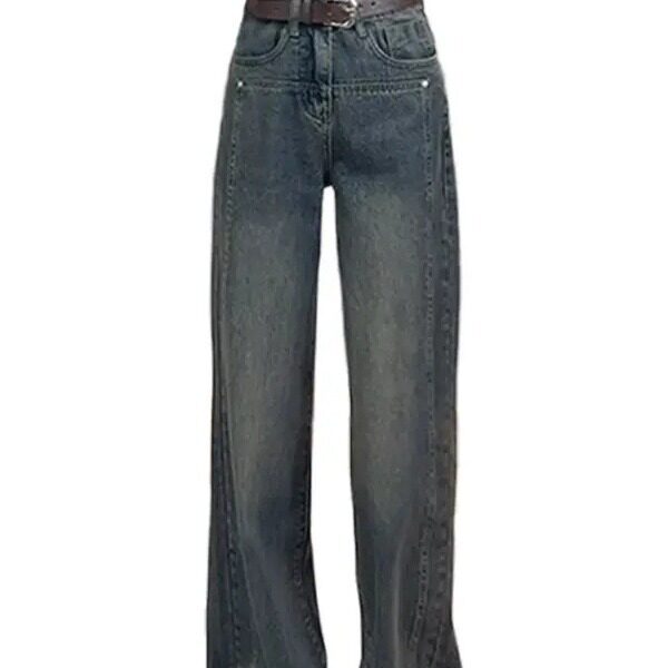 High Waisted Wide Leg Jeans for Women Cement Gray Vintage Style Loose Fit Floor Length Spring and Autumn Fashion