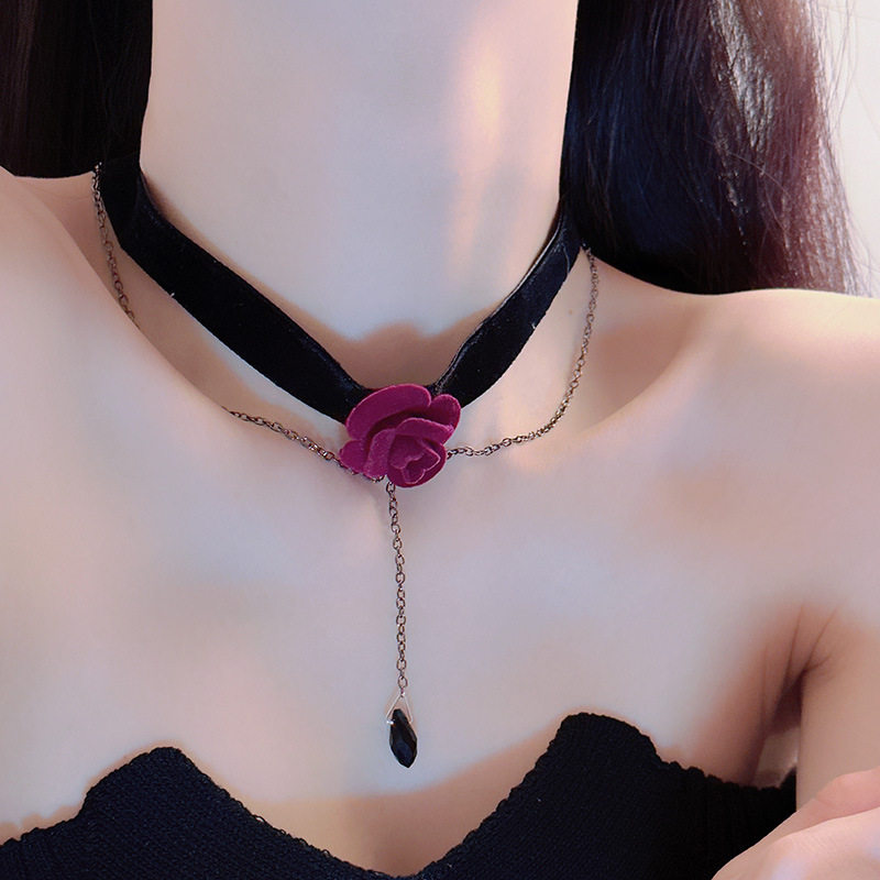 Pure desire sexy French High sense wine red rose flower clavicle chain velvet collar neck strap strap necklace for women