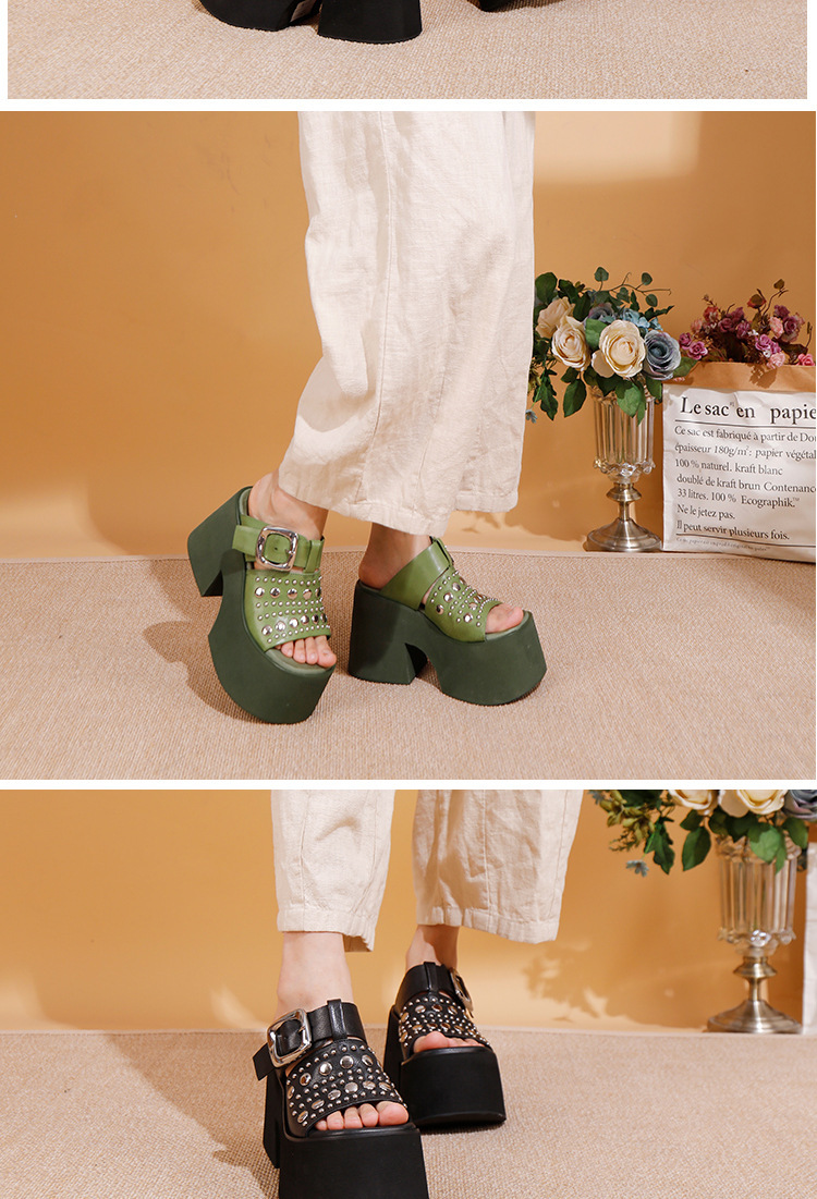 Dép sandal nữ da bò đế dày tăng chiều cao, quai ngang đính đinh tán — Màu đen, Màu xanh lá
