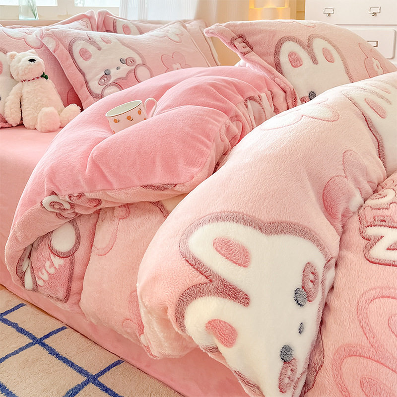 Snow velvet four-piece winter padded warm coral velvet double-sided velvet quilt cover 3D three-dimensional cartoon milk velvet wholesale