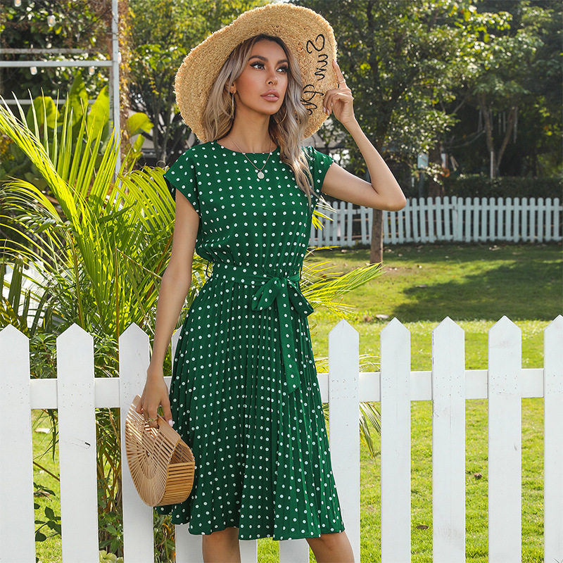 Vintage Polka Dot Ruffled Dress Short Sleeve Elegant Design Summer Style Wholesale Available