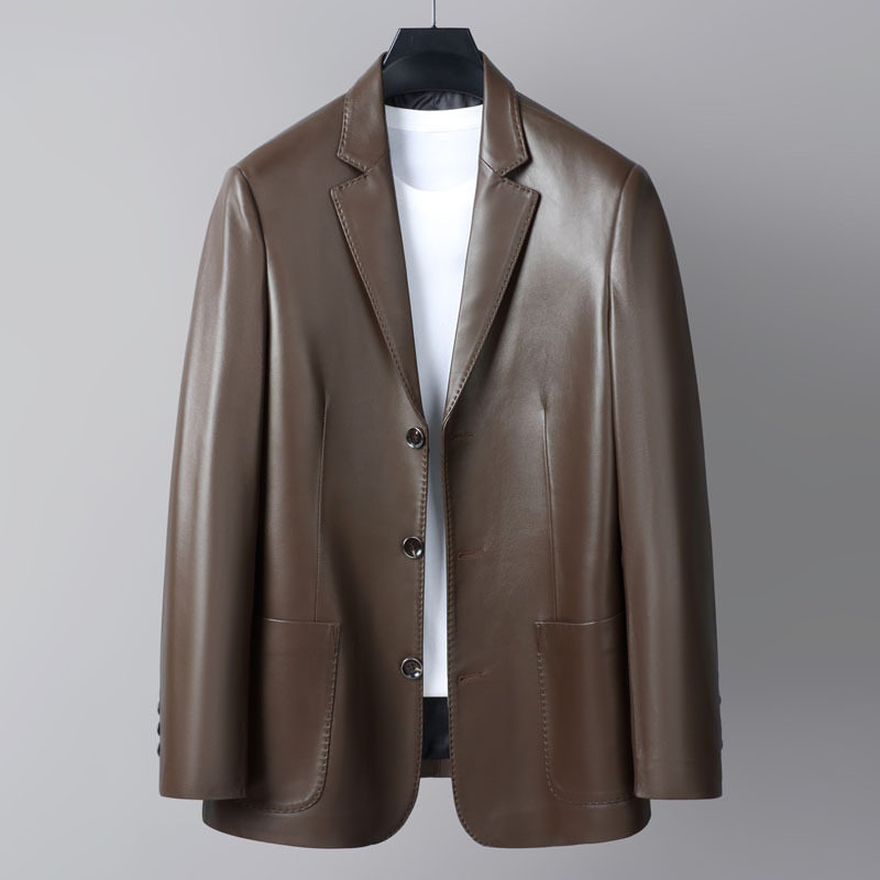 Áo Khoác Blazer Nam Da Cừu Dáng Ôm Vừa Vặn Phong Cách Doanh Nhân Màu Đen, Nâu
