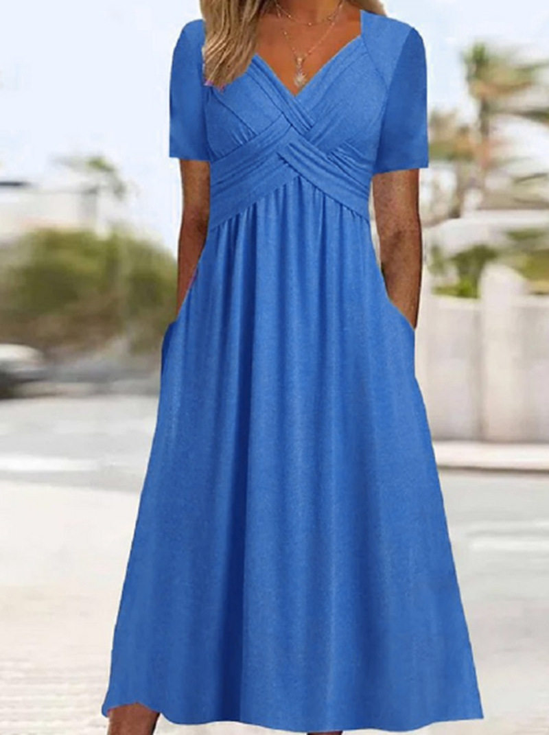 Fashionable Womens Solid Color V Neck Short Sleeve Pocket Dress Autumn Collection Casual Wear OEM Available