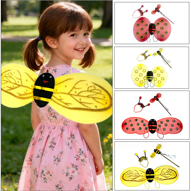 Halloween Children's Performance Costumes Yellow Little Bee Wings Ladybug Three-Piece Set Performance Props Gold Powder Painting