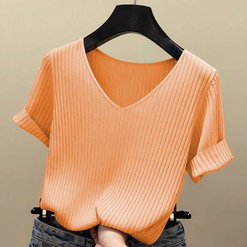 Womens Ice Silk Short Sleeve T Shirt Slim Fit V Neck Knitted Fabric Summer Casual Wear Wholesale Available