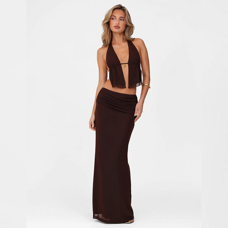 Halter Neck Cutout Top and High Waist Bodycon Skirt Set Sexy Design Spring Collection Womens Fashion Wholesale
