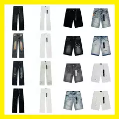 Cross-Border Export Wholesale Purple American High Street Fashion Brand Ripped Patch Splash Ink Retro Washed Jeans Shorts