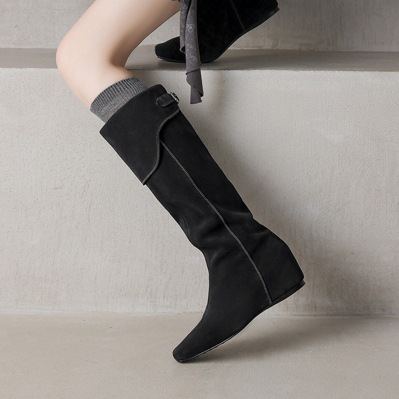 Boot nữ cổ cao da lộn mũi vuông đế xuồng tôn chiều cao — Màu nâu, xanh xám