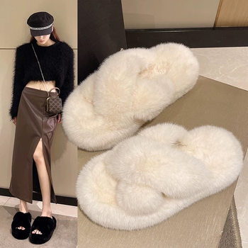 Ins High-End Furry Slippers 2024 New Women's Outer Wear Autumn and Winter Internet Celebrity Korean Style Fashion Home Cross Shoes
