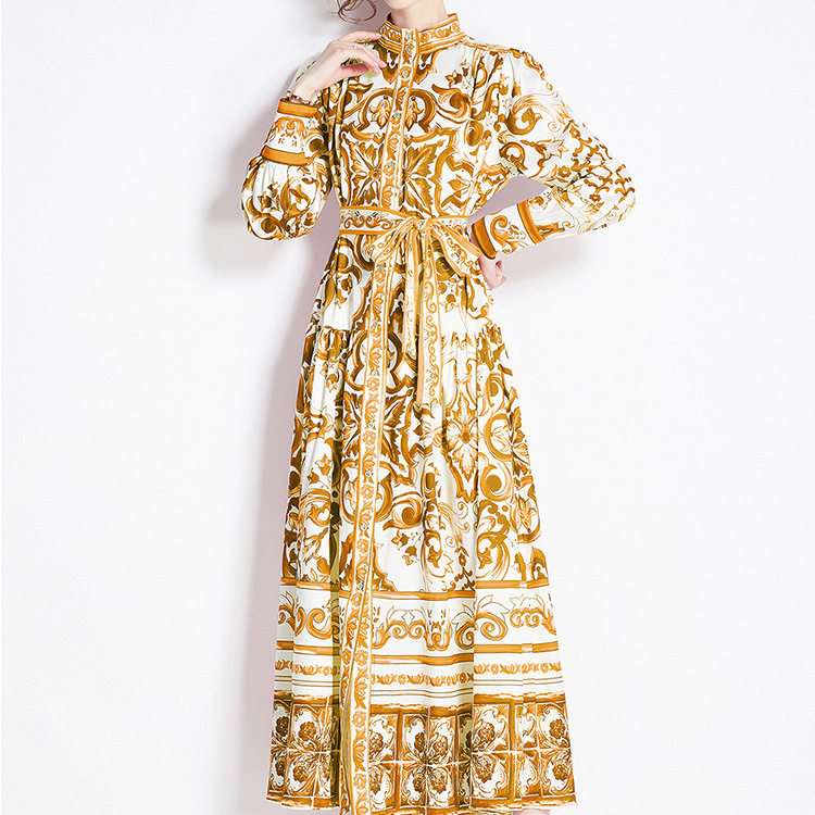 Elegant Long Floral Dress for Women Spring Collection Slim Fit Stand Collar Button Closure Perfect for Formal