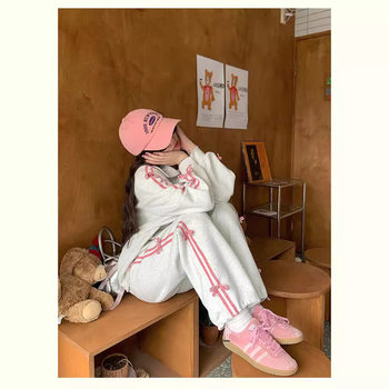 Hua Mian Academy Style Early Spring Wear Set 2024 New Bow Sports Casual Sweatshirt Coat Women's Straight Pants