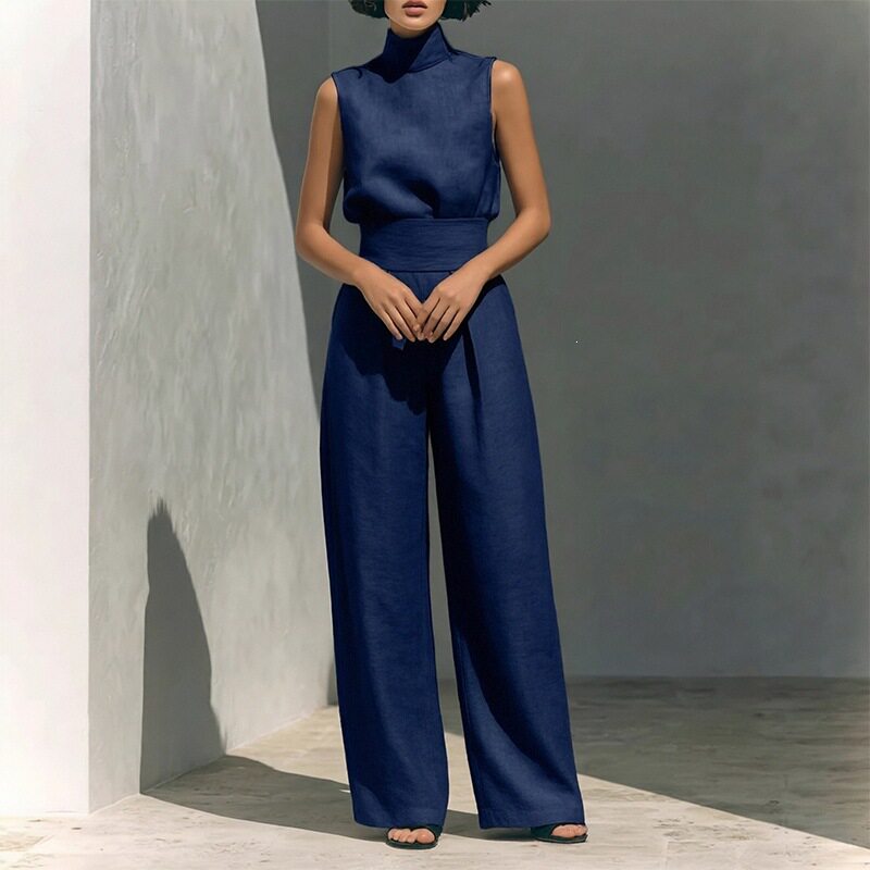 Womens Spring Outfit Set Elegant Solid Color High Neck Sleeveless Straight Leg Pants Perfect for Casual or