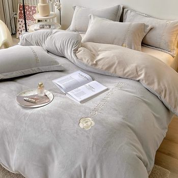 Milk Velvet Bed Four-Piece Winter Season Fleece-Lined Thickeneded Double-Sided Coral Velvet Quilt Cover Flannel Bed Bed Sheets Three-Piece Set