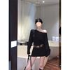 Pure Desire Hot Girl Belted Hip Skirt Two-Piece Sexy Slanted Shoulder Spring and Winter Long Sleeve Tight Slimming Bottoming Dress Short Skirt