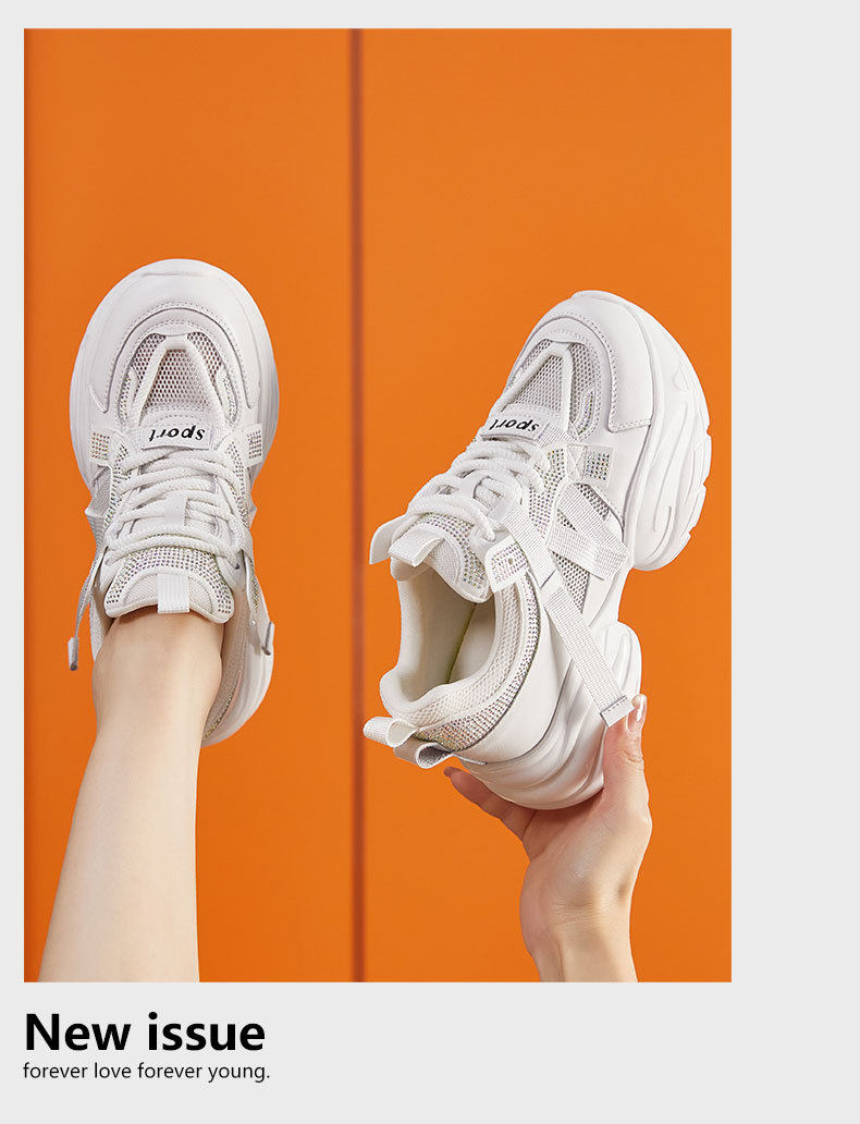 Giày sneaker nữ chunky đế dày rhinestone lưới thoáng khí — Trắng, Bột trắng chi tiết 12