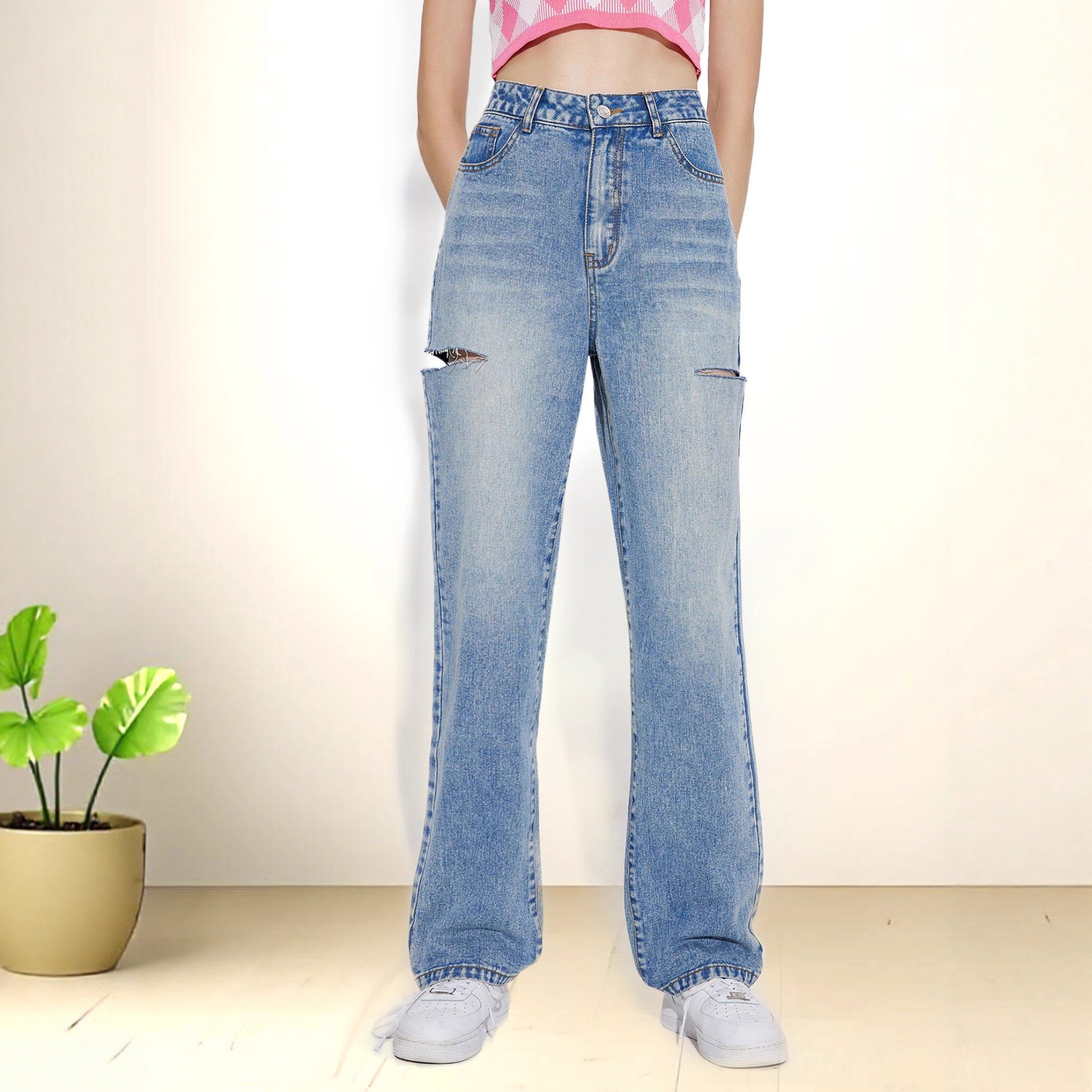 High Waisted Slim Fit Ripped Denim Jeans for Women Casual Style Comfortable Fabric Versatile Wear Wholesale Available