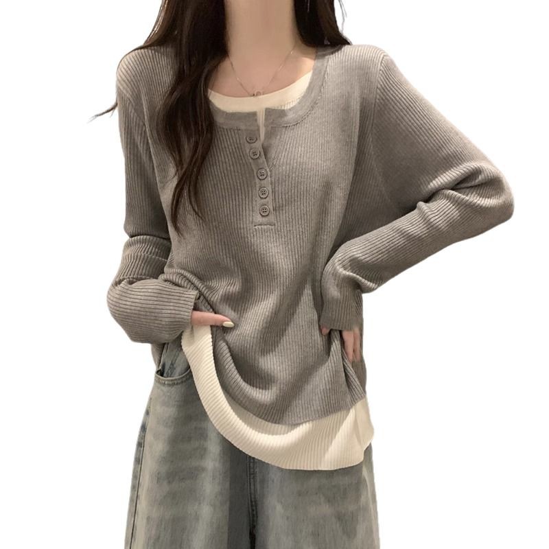 Gray Knit Two Piece Style Top for Women Loose Fit Long Sleeve Casual Layering Shirt Fall Winter Collection Wholesale