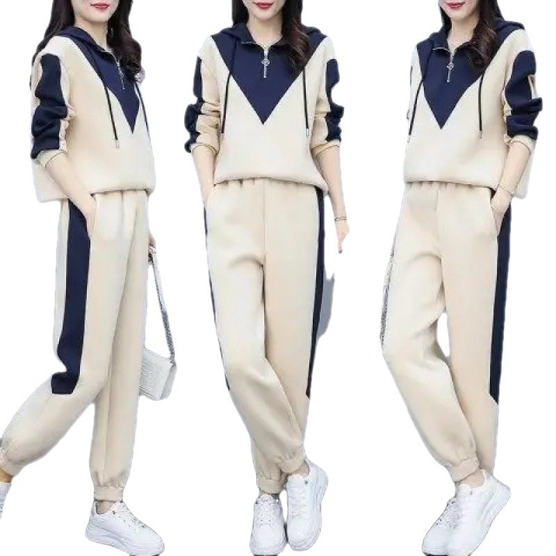 Casual Fashion Sports Suit Women's 2023 Spring New Loose Waist Slimming Patchwork Sweatshirt Two-Piece Set Western Style