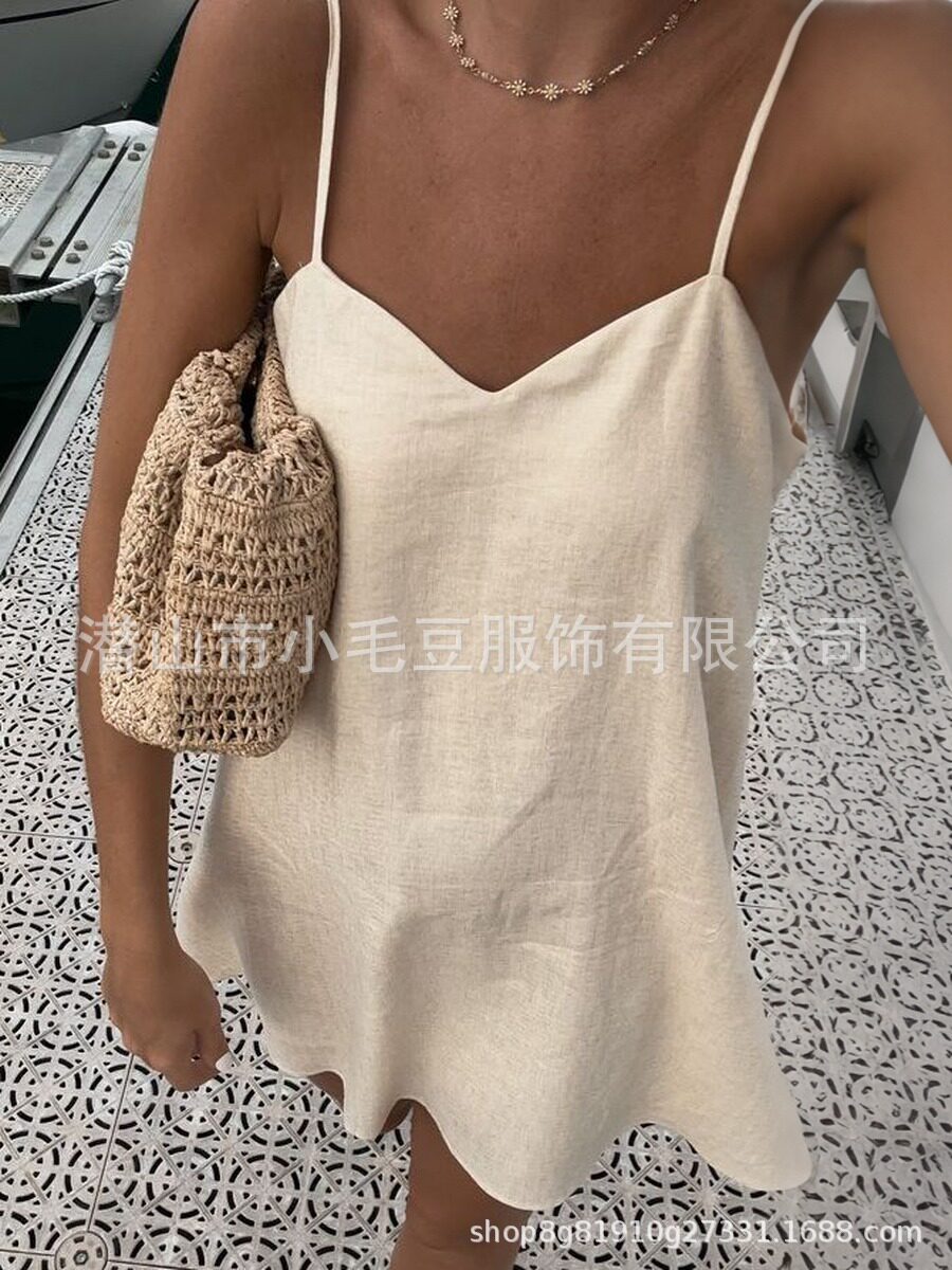 A Line Linen Dress V Neck Loose Fit Sleeveless Peach Color Beach Vacation Wear Wholesale Available