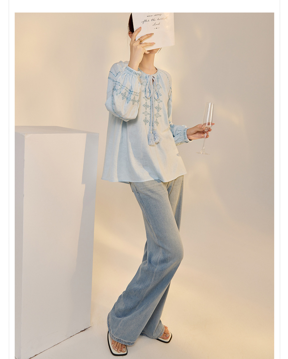 Áo sơ mi nữ linen dài tay thêu họa tiết dáng rộng — Màu trắng be, Màu xanh đậm, Màu xanh lam nhạt