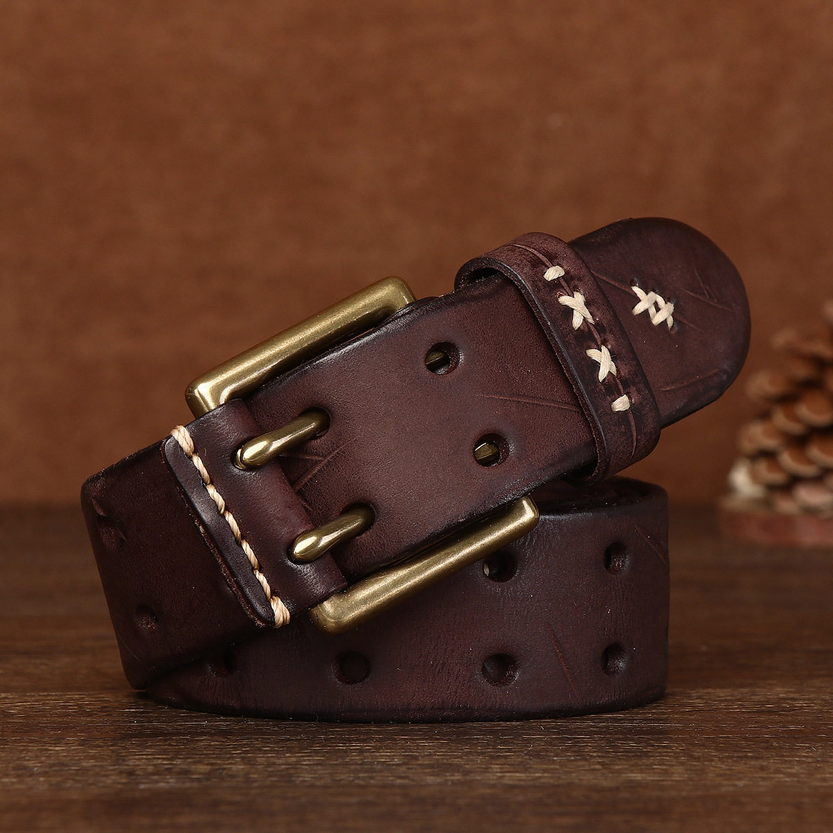 3.8cm Men's Belt Genuine Leather Retro Fashion Personalized Copper Buckle Belt Top Layer Cowhide Belt Cross-border Hot Sale