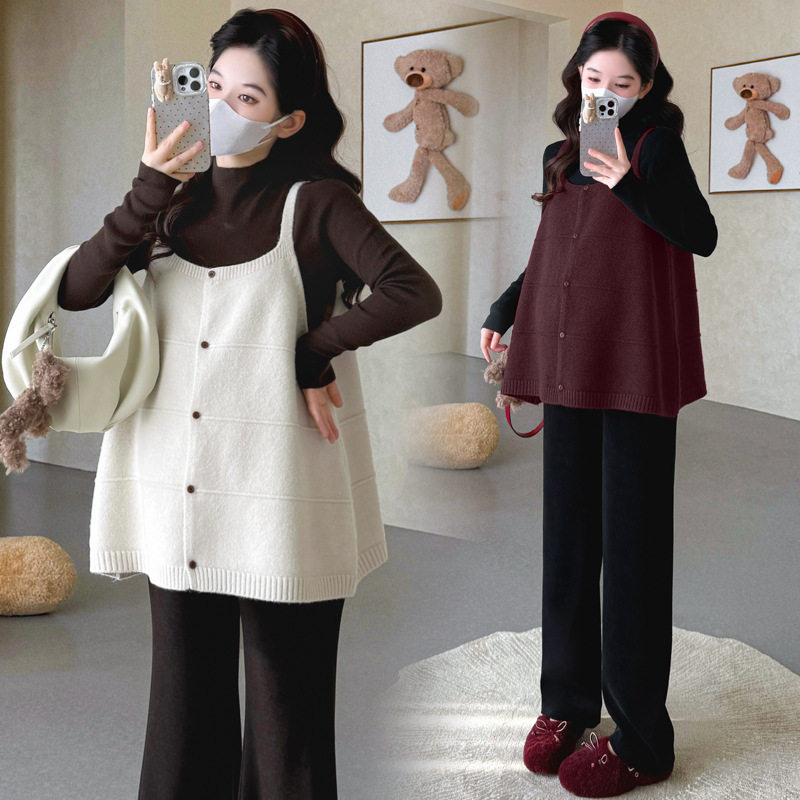 Maternity Autumn New Fashion Stylish Loose Camisole Knit Top Half-Neck Slimming Base Shirt Korean Style Two-Piece Set