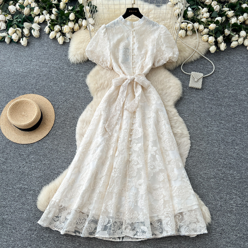 Elegant Lace Embroidered Dress High Waist A Line Silhouette Summer Style Perfect for Office and Formal Events