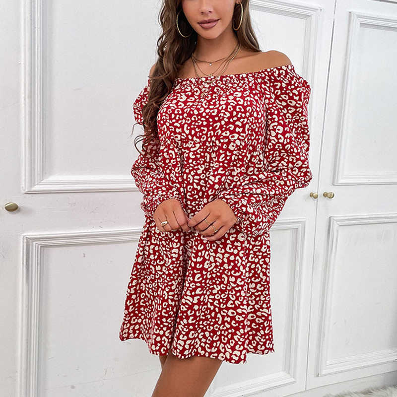 Off Shoulder Leopard Print Beach Dress Square Neck Lightweight Fabric Spring Fall Style Wholesale Available