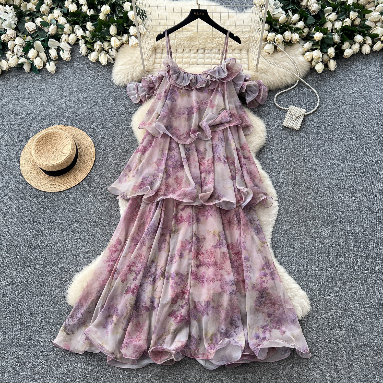 French Vacation Style Floral Maxi Dress for Women Ruffle Hem Elegant Design Summer Fashion Wholesale Available