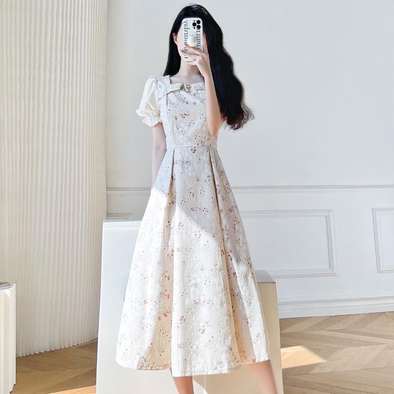 French Style Elegant Short Sleeve Maxi Dress Soft Floral Print White Color Summer Fashion Wholesale Available