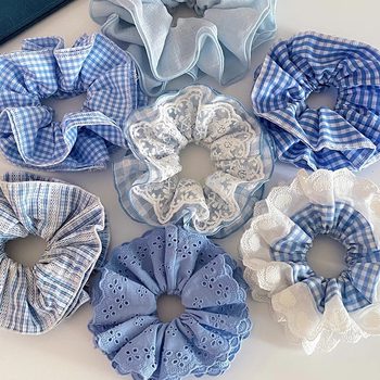 Sea Salt Blue Color Hair Tie Korean Style Autumn and Winter Fresh Oversized Lace Plaid Ponytail Bun Hair Rope for Women