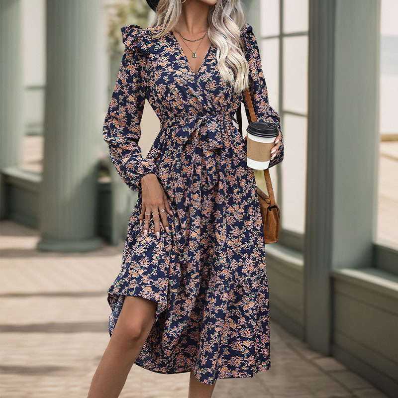 Floral Print V Neck Long Sleeve Dress Ruffled Hem Autumn Style Womens Fashion for Casual Occasions Wholesale