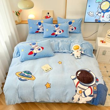 Astronaut Thickeneded Milk Velvet Cartoon Four-Piece Set for Boys Winter Coral Flannel Quilt Cover Bed Sheetss Kidsren's Three-Piece Set