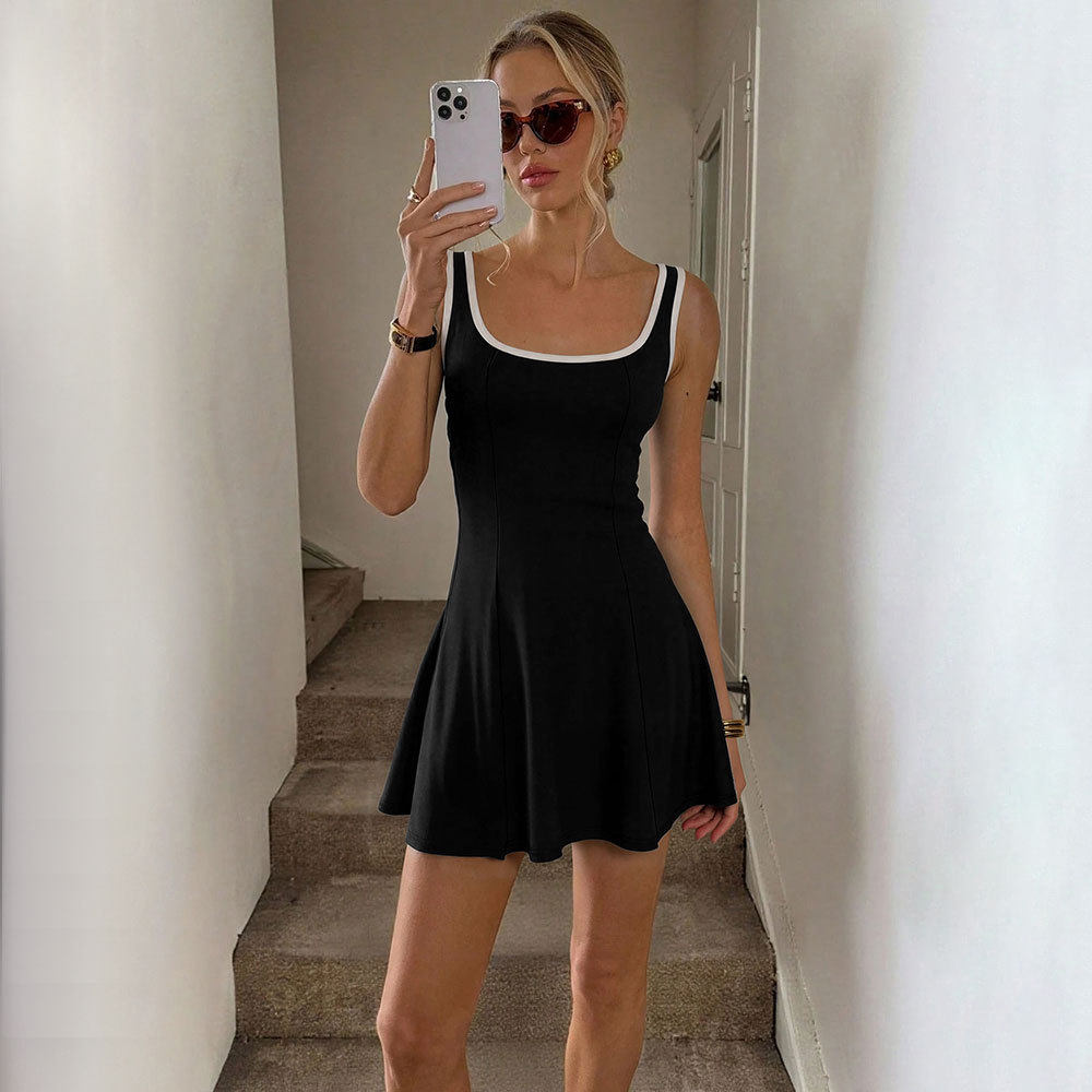 Sporty A Line Tennis Dress Sleeveless U Neck Color Block Slim Fit Summer Casual Wear Wholesale Available