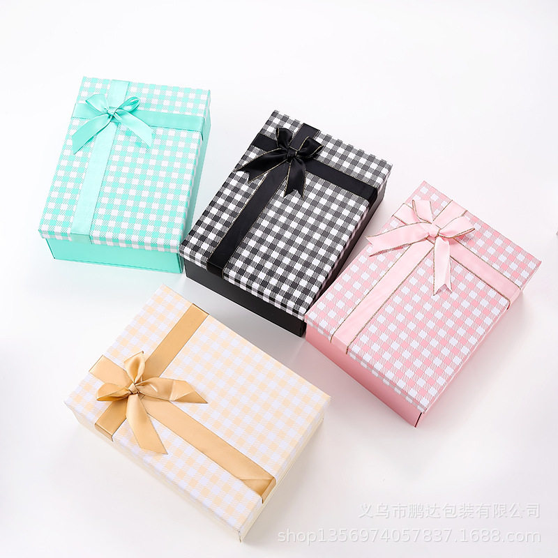 Cross-border hot-selling folding box simple plaid bow gift box birthday gift packaging one-piece gift box wholesale