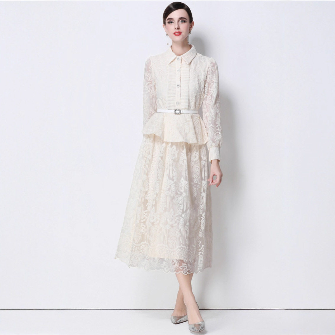 Celebrity French-Style Heavy Mesh Embroidery Lapel Waist Slimming Shirt Fairy Exquisite Age-Reducing Long Skirt Two-Piece Set
