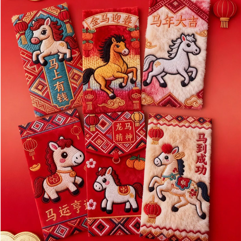 [High-End] Spring Festival Creative 5D Upgraded Imitation Embroider Cartoon Fuma Red Envelope for New Year Greetings and Red Packets for the Year of the Horse