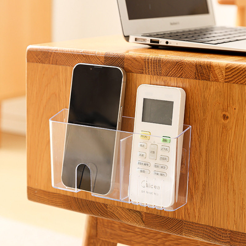 Remote Control Storage Box Wall-Mounted Double-Compartment Rechargeable Mobile Phone Holder Without Punching and Partitioned Transparent Bedside Storage Rack