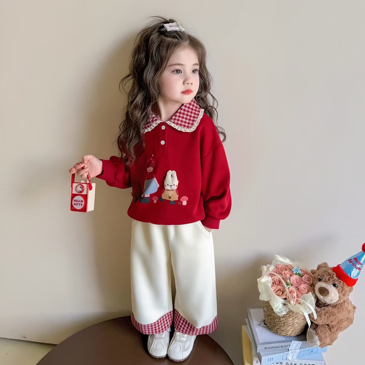 Girls' Hoodie Set, New Autumn Collection, Toddler Fall Mushroom & Bunny Print, Red Stylish Plaid Patchwork Color-Block Outfit