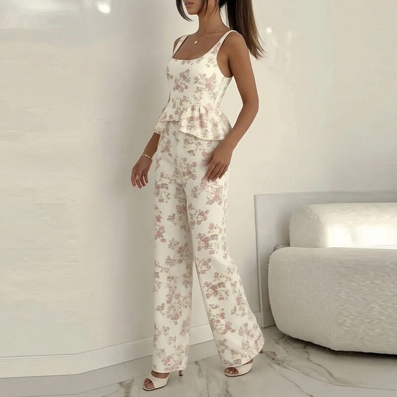 Womens Summer Casual Set Stylish Floral Print Ruffle Hem Sleeveless Design Perfect for Vacation or Everyday Wear