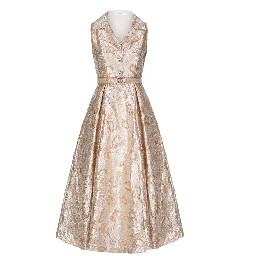 Elegant Floral A Line Dress Sleeveless Waist Tie Slim Fit Summer Style Perfect for Parties or Formal Events