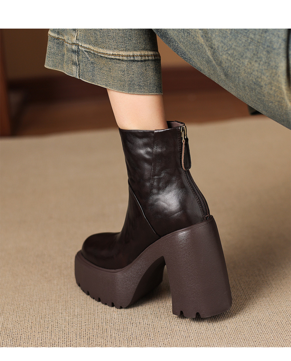 Boot Martin nữ gót thô 12cm đế platform tăng chiều cao, da bò thật — Lớp lót đơn màu đen, Lớp lót đơn màu nâu, Lót nhung đen, Lót nhung màu nâu