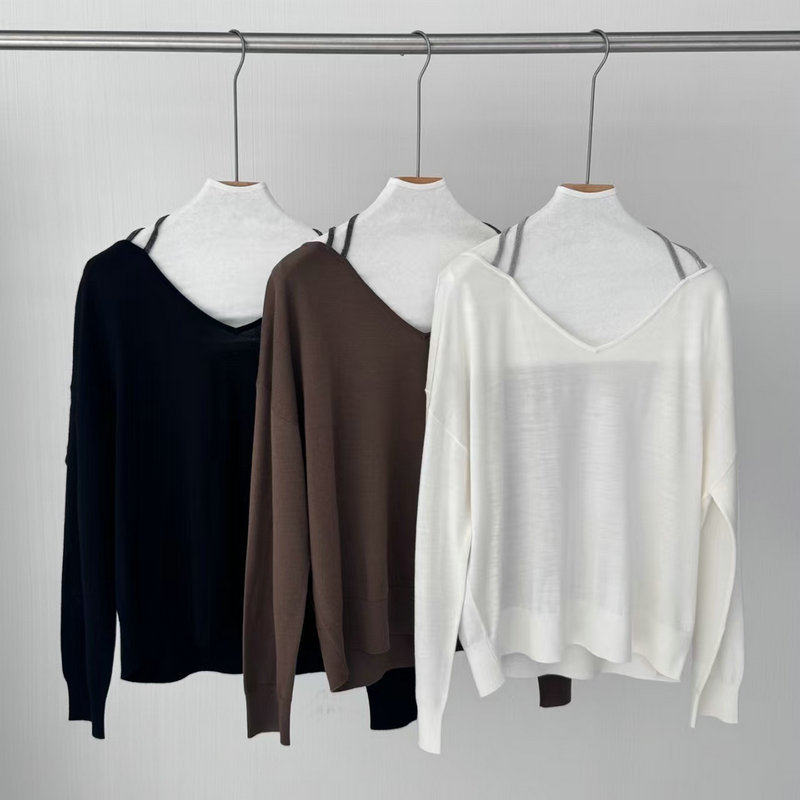 跨境女装26春夏新款BC风V领珠链挂脖针织衫美丽诺羊毛长袖上衣