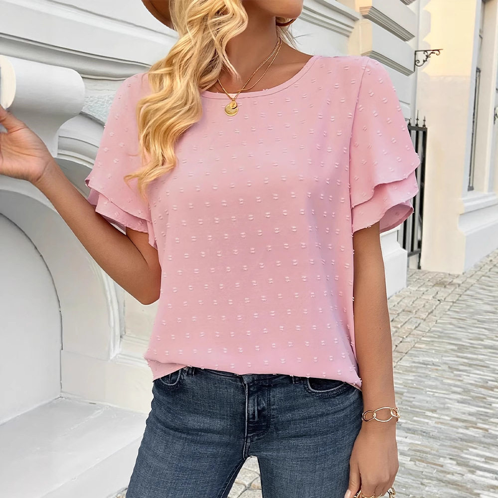 Womens Summer Short Sleeve T Shirt Solid Color Round Neck 3D Floral Design Casual Wear Wholesale Available