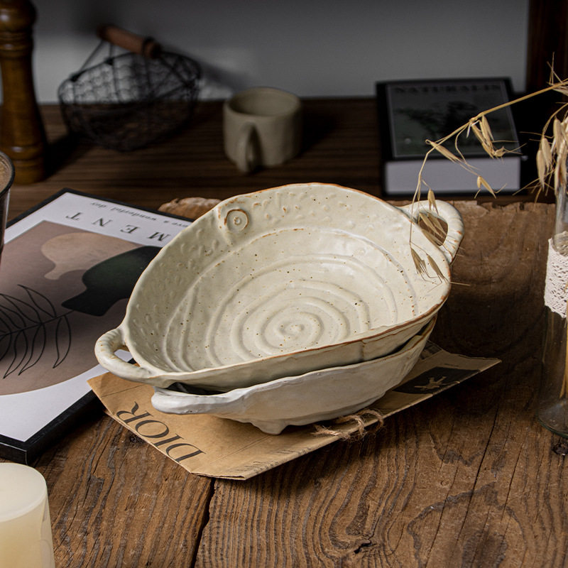 Japanese-Style Retro Coarse Pottery Irregular-Shaped Double-Handle Ribbed Bowl and Chopsticks with an Aged Look, Soup Plate, Curry Rice Home-Use Dish Bowl, Deep Plate
