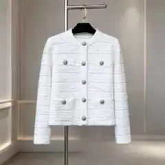 French-style B2026 Autumn-Winter Elegant Lady Tweed Round-Neck Metal-Button Long-Sleeve Knit Jacket