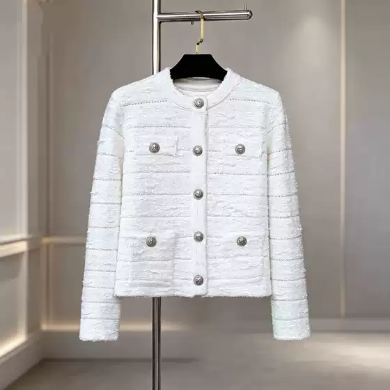French-style B2026 Autumn-Winter Elegant Lady Tweed Round-Neck Metal-Button Long-Sleeve Knit Jacket