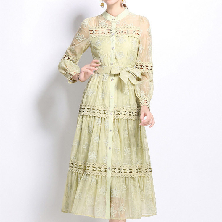Elegant French Lace Trimmed Long Dress High End Embroidery Lantern Sleeves Autumn Fashion Wholesale Available